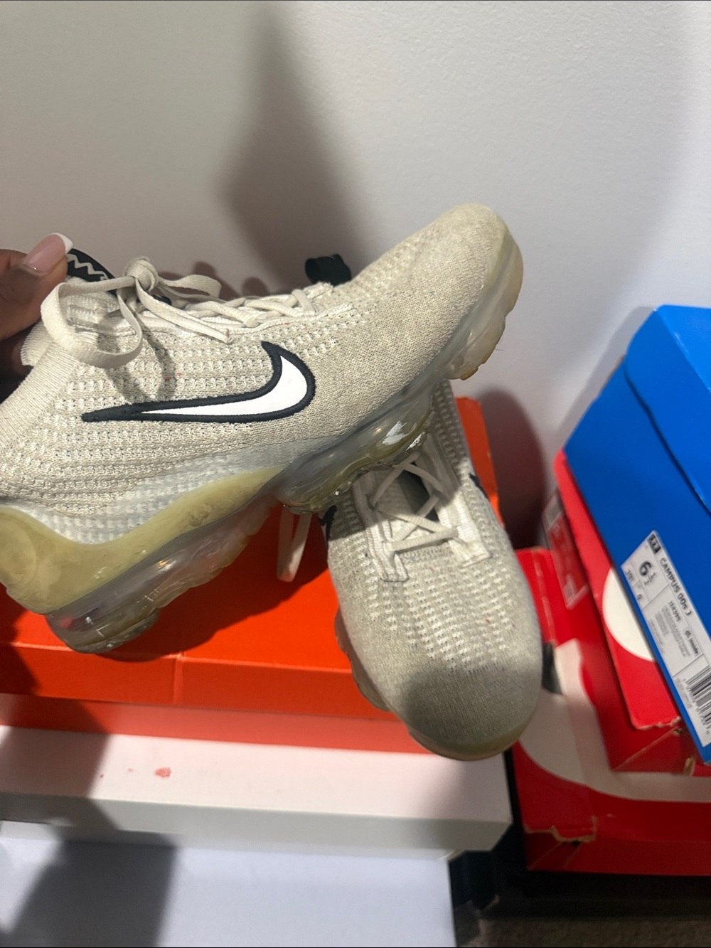 Nike Kids Beige Cream Flyknit Sneakers with Black Swoosh